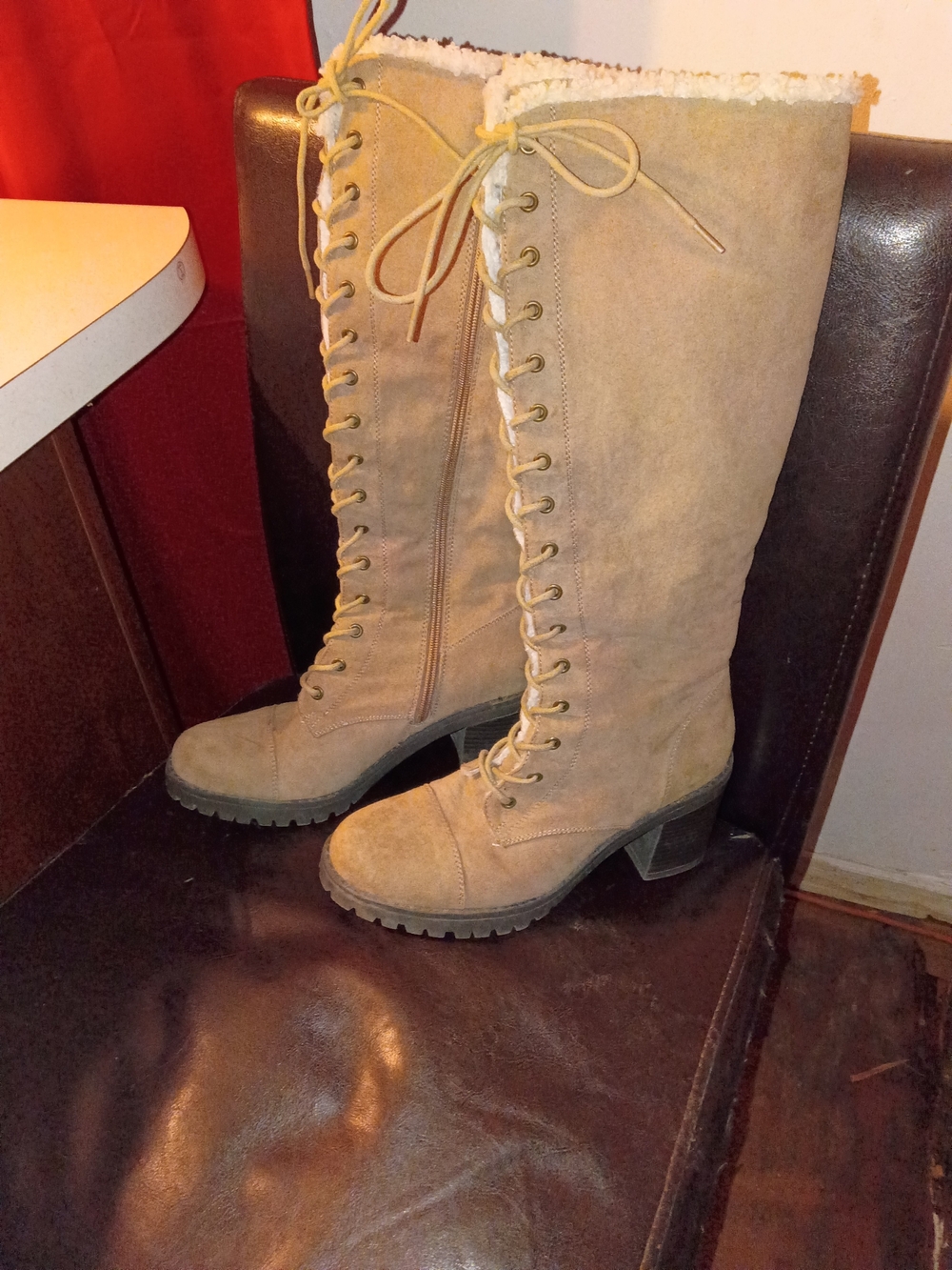 JustFab Tan Lace-Up Knee-High Suede Boots with Shearling Trim